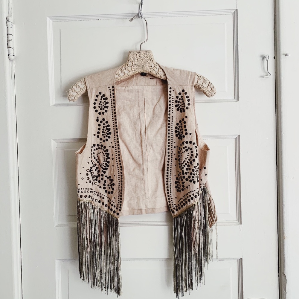 Bone Colored Fringe Vest with chain & metal detail